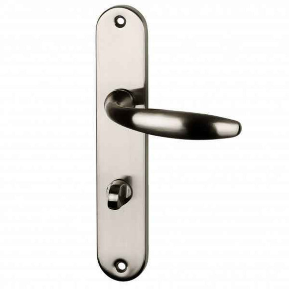 2 poignées de porte sur plaque CHAMBON, Verrou de condamnation pour salle de bain/WC, Finition aluminium nickel mat, Entraxe standard 195 mm