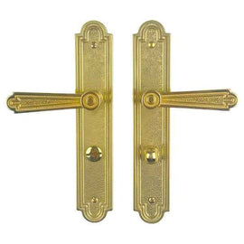 2 poignées de porte sur plaque REGENCE, Verrou condamnation pour salle de bain, Finition laiton poli doré, Entraxe standard 195 mm