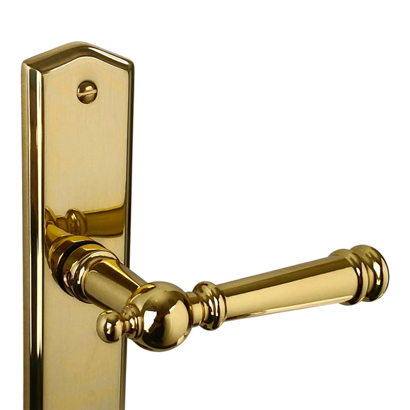 2 poignées de porte ATTILA, Verrou de condamnation pour salles de bain/WC, Finition laiton poli doré, Entraxe standard 195 mm