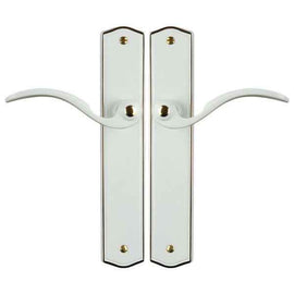 2 poignées de porte sur plaque EVITA, Sans trou pour pièce à vivre, Finition laiton blanc liseré doré, Entraxe standard 195 mm