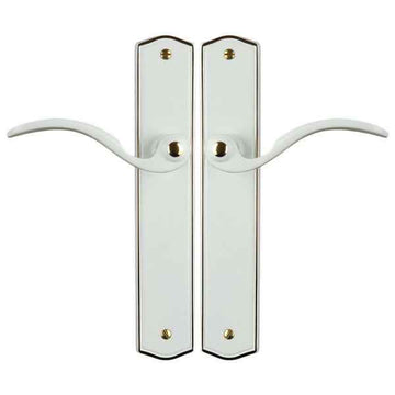 2 poignées de porte sur plaque EVITA, Sans trou pour pièce à vivre, Finition laiton blanc liseré doré, Entraxe standard 195 mm