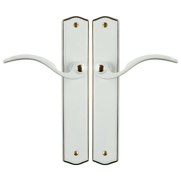 2 poignées de porte sur plaque EVITA, Sans trou pour pièce à vivre, Finition laiton blanc liseré doré, Entraxe standard 195 mm