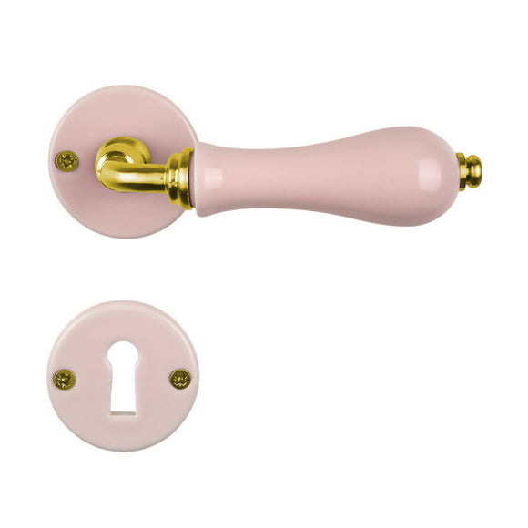 2 poignées sur rosaces rondes LIZON, Entrée de clé pour chambre, Porcelaine rose, Finition coude en Laiton poli doré