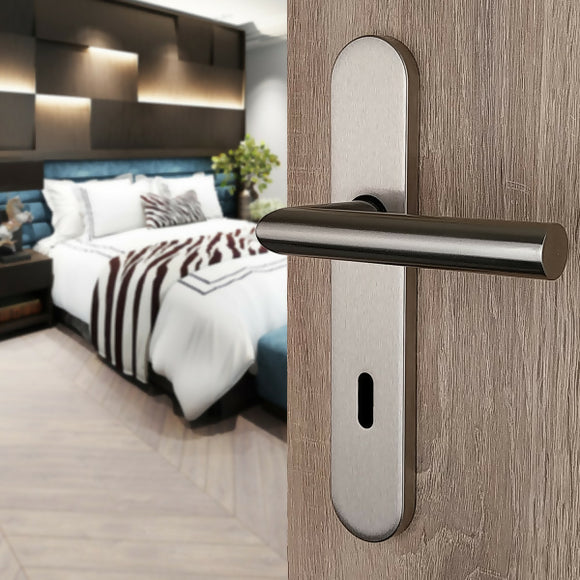 2 poignées de porte universelles Dualfit sur plaque ronde BRUNELLA, Entrée de clé pour chambre, Finition Acier nickel mat bi-entraxe 165-195