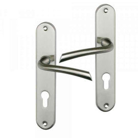 2 poignées de porte sur plaque RHAPSODIE, Trou de cylindre - entrée - bureau - service, Finition zamak nickel mat, Entraxe standard 195 mm