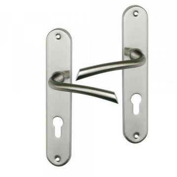 2 poignées de porte sur plaque RHAPSODIE, Trou de cylindre - entrée - bureau - service, Finition zamak nickel mat, Entraxe standard 195 mm