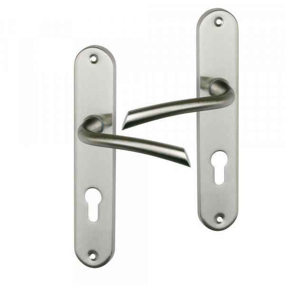 2 poignées de porte sur plaque RHAPSODIE, Trou de cylindre - entrée - bureau - service, Finition zamak nickel mat, Entraxe standard 195 mm