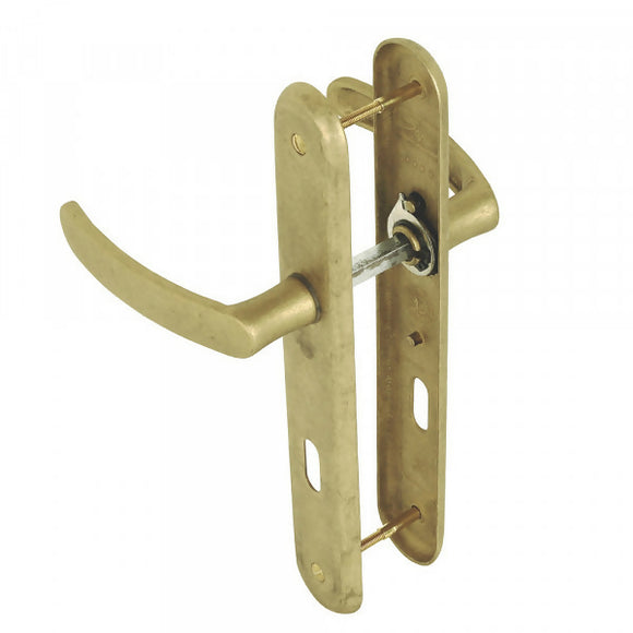 2 poignées de porte sur plaque VINTAGE, Entrée de clé pour chambre, Finition laiton brut laqué mat, Entraxe stand 195 mm