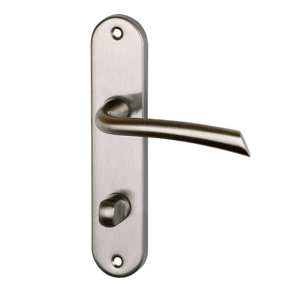 2 poignées de porte sur plaque RHAPSODIE, Verrou condamnation pour salle de bain/WC, Finition zamak nickel mat, Entraxe 165 mm