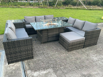 Fimous En Forme De U Extérieur En Rotin Meubles De Jardin Foyer à Gaz Table Set Chauffage Au Gaz Salon Canapé Gris Foncé Grand Tabouret 10 Places