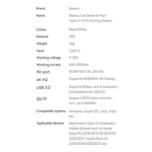 Baseus HUB Lite Series 6-in-1 Multifunctional (Type-C to 2x USB 3.0 / Type-C / HDMI 1.4 / SD/TF) White (WKQX050102)