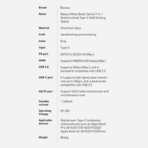 Baseus HUB Metal Gleam series 7-in-1 Multifunctional (Type-C to 2x USB 3.0, PD 100W / HDMI 4K 30Hz / RJ45 1Gbps, Type-C basic) Gray (WKWG020113)