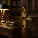 2 poignées de porte sur plaque SULLY, Entrée de clé pour chambre, Finition laiton patiné aspect vieilli, Entraxe standard 195 mm