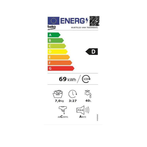 Lave-linge BEKO WUE 7512 DXAW, 7 kg, 1000 tr/min, Classe énergétique D, Profondeur 49 cm, Moteur Inverter