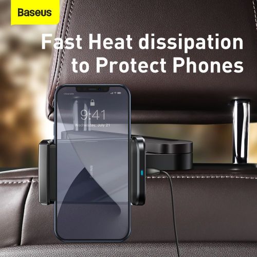 Baseus Support de téléphone pour voiture avec chargeur sans fil et stockage d'énergie pour siège arrière 15 W Noir (WXHZ-01)