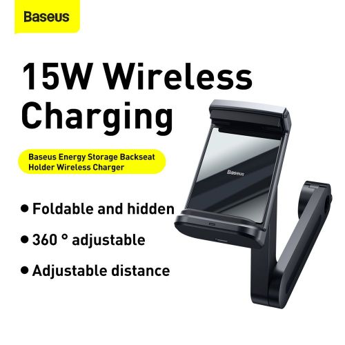 Baseus support de téléphone pour voiture avec chargeur sans fil et stockage d'énergie pour siège arrière 15 w noir wxhz-01