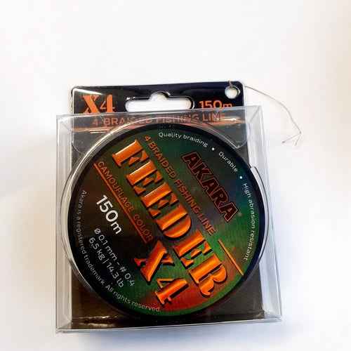 Fil tressé AKARA Feeder X-4 Camo, longueur 150 m, épaisseur 0,12 mm, résistance à l'abrasion, 7,90 kg