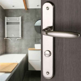 2 poignées de porte sur plaque BRISTOL, Verrou de condamnation pour salle de bain/WC, Finition aluminium nickel mat, Entraxe standard 195 mm