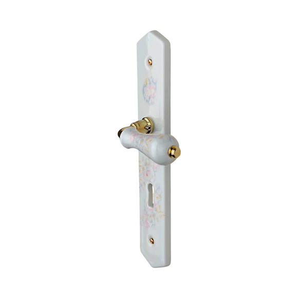 2 poignées de porte ROSAE, Entrée de clé pour chambre, Porcelaine de Limoges, Finition coude doré, Entraxe standard 195 mm
