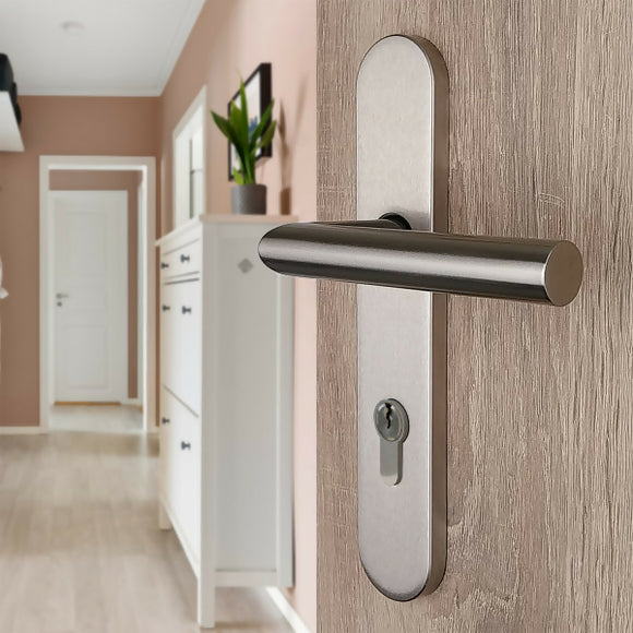2 poignées de porte universelles Dualfit sur plaque ronde BRUNELLA, Trou de cylindre - entrée - bureau - service, Finition Acier nickel mat bi-entraxe 165-195