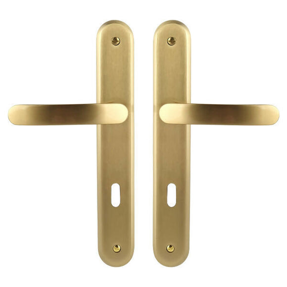 2 poignées de porte sur plaque VINTAGE, Entrée de clé pour chambre, Finition laiton doré satiné, Entraxe stand 195 mm