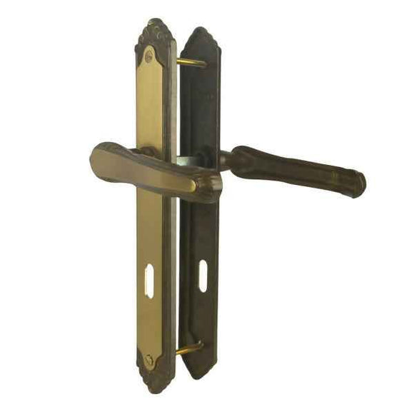 2 poignées de porte sur plaque ISABELLA, Entrée de clé pour chambre, Finition laiton patiné, Entraxe standard 195 mm