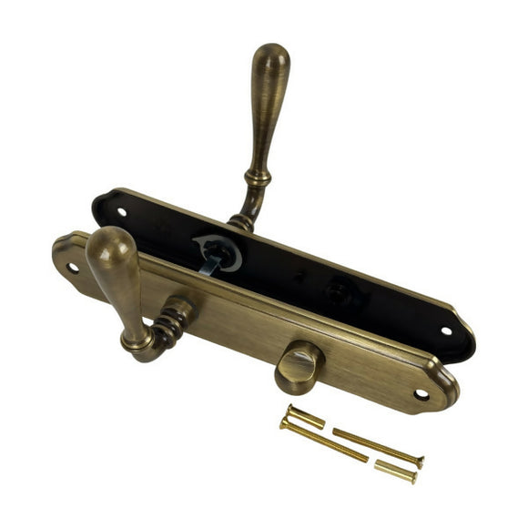 2 poignées de porte sur plaque CARINA, Verrou de condamnation pour salle de bain/WC, Finition laiton patiné, Entraxe standard 195 mm