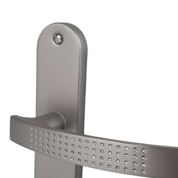 2 poignées de porte sur plaque AUDACE, Trou de cylindre - entrée - bureau, Finition aluminium nickel mat, Entraxe standard 195 mm