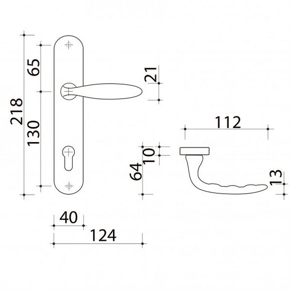 2 poignées de porte sur plaque CHAMBON, Trou de cylindre - entrée - bureau - service, Finition aluminium nickel mat, Entraxe standard 195 mm