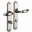 2 poignées de porte sur plaque CHAMBON, Verrou de condamnation pour salle de bain/WC, Finition aluminium nickel mat, Entraxe standard 195 mm