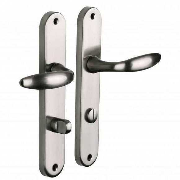 2 poignées de porte sur plaque CHAMBON, Verrou de condamnation pour salle de bain/WC, Finition aluminium nickel mat, Entraxe standard 195 mm