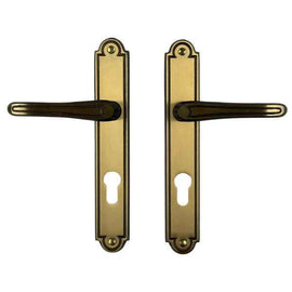 2 poignées de porte sur plaque VANESSA, Trou de cylindre - entrée - bureau - service, Finition laiton patiné, Entraxe standard 195 mm