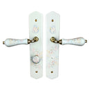 2 poignées de porte ROSAE, Verrou de condamnation pour salles de bain/WC, Porcelaine de Limoges, Finition coude doré, Entraxe standard 195 mm