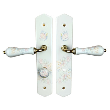 2 poignées de porte ROSAE, Verrou de condamnation pour salles de bain/WC, Porcelaine de Limoges, Finition coude doré, Entraxe standard 195 mm