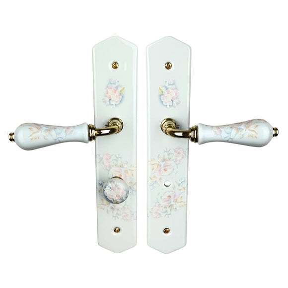 2 poignées de porte ROSAE, Verrou de condamnation pour salles de bain/WC, Porcelaine de Limoges, Finition coude doré, Entraxe standard 195 mm
