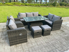 Fimous Rotin Mobilier De Jardin Extérieur Ascenseur Réglable Table À Manger Ou Table Basse Ensemble Canapé Amour Canapé 3 Places Canapé Petit Pouf Chaise Longue 9 Places - 0