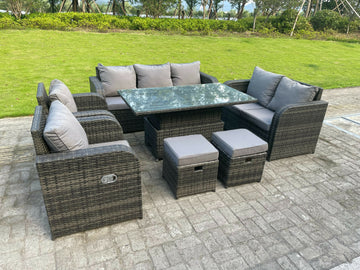 Fimous Rotin Mobilier De Jardin Extérieur Ascenseur Réglable Table À Manger Ou Table Basse Ensemble Canapé Amour Canapé 3 Places Canapé Petit Pouf Chaise Longue 9 Places - 0