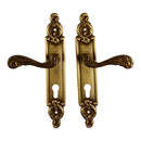 2 poignées de porte sur plaque SULLY, Trou de cylindre - entrée - bureau - service, Finition laiton patiné aspect vieilli, Entraxe standard 195 mm