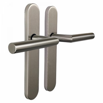2 poignées de porte universelles Dualfit sur plaque ronde BRUNELLA, Sans trou pour pièce à vivre, Finition Acier nickel mat bi-entraxe 165-195
