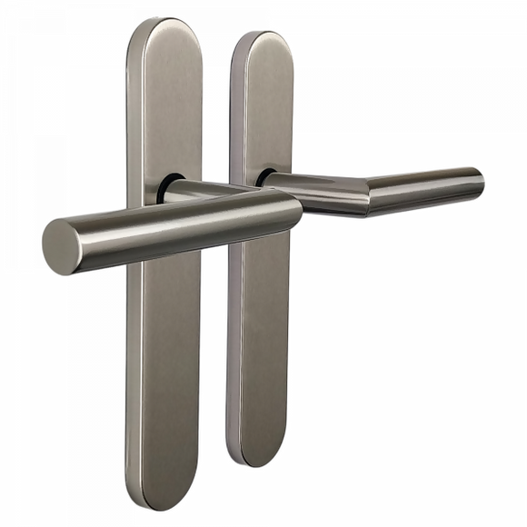 2 poignées de porte universelles Dualfit sur plaque ronde BRUNELLA, Sans trou pour pièce à vivre, Finition Acier nickel mat bi-entraxe 165-195