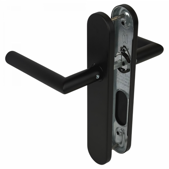 2 poignées de porte universelles Dualfit sur plaque ronde BRUNELLA, Sans trou pour pièce à vivre, Finition Acier noir mat bi-entraxe 165-195