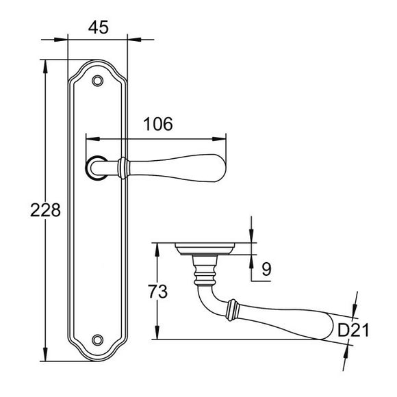 Schéma technique de 2 poignées de porte sur plaque CARINA, Sans trou pour pièce à vivre, Finition laiton patiné, Entraxe stand 195 mm