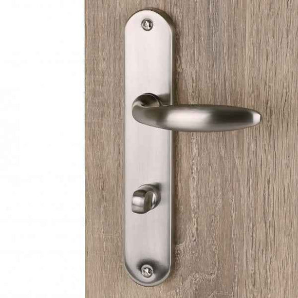 2 poignées de porte sur plaque CHAMBON, Verrou de condamnation pour salle de bain/WC, Finition aluminium nickel mat, Entraxe standard 195 mm