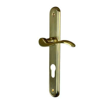 2 poignées de porte sur plaque AGATHE, Trou de cylindre - entrée - bureau - service, Finition laiton poli, Entraxe standard 195 mm