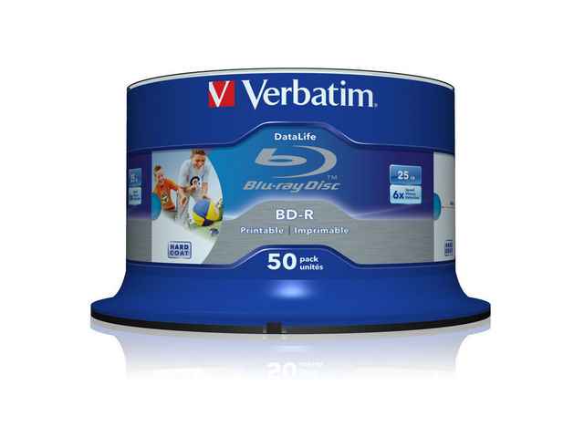 BD-R VERBATIM 25 Go, vitesse 6x, 50 feuilles, simple couche, broche, imprimable, « Wide Inkjet Printable » « 43812 »