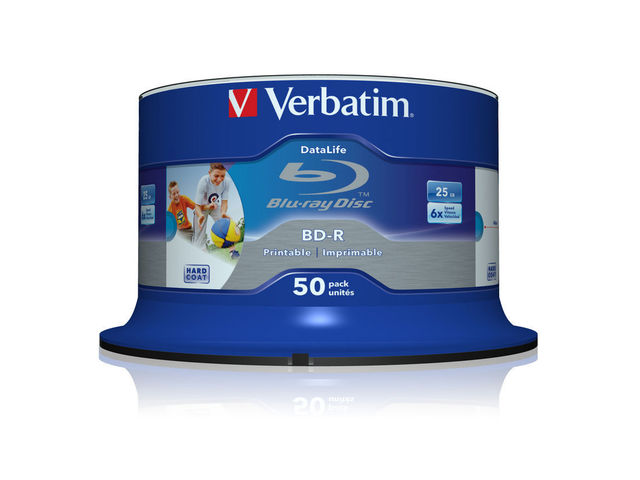 BD-R VERBATIM 25 Go, vitesse 6x, 50 feuilles, simple couche, broche, imprimable, « Wide Inkjet Printable » « 43812 »