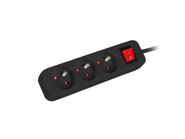 Multiprise 1,5 m, noire, 3 prises, avec interrupteur, câble en cuivre massif