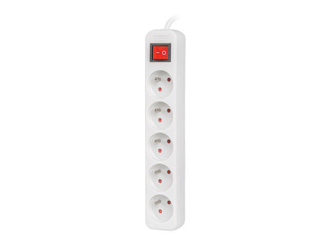 Multiprise 3 m, blanche, 5 prises, avec interrupteur, câble en cuivre massif