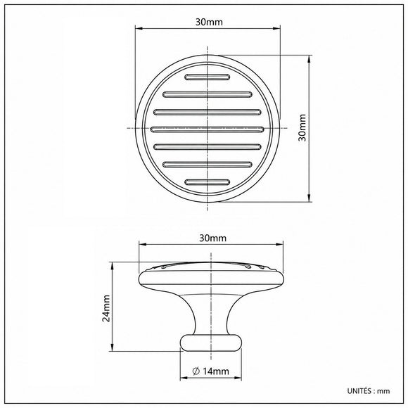 Schéma technique de bouton de meuble ROND STRIE, Finition zamak chrome