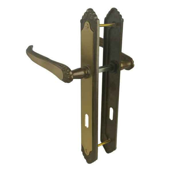 2 poignées de porte sur plaque ISABELLA, Entrée de clé pour chambre, Finition laiton patiné, Entraxe standard 195 mm